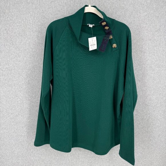 J Crew Womens Wide Collar Button Mockneck Pullover Sweatshirt Size XL Green NEW - Picture 1 of 10